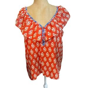 Red Floral Ruffle V-Neck Button Front Sleeveless Blouse Boho Fairy‎ Girly Medium